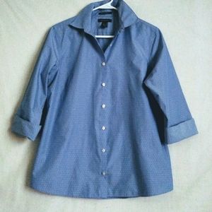 Lands' End Poplin Button Down Shirt 3/4 Sleeve Blue White Dots